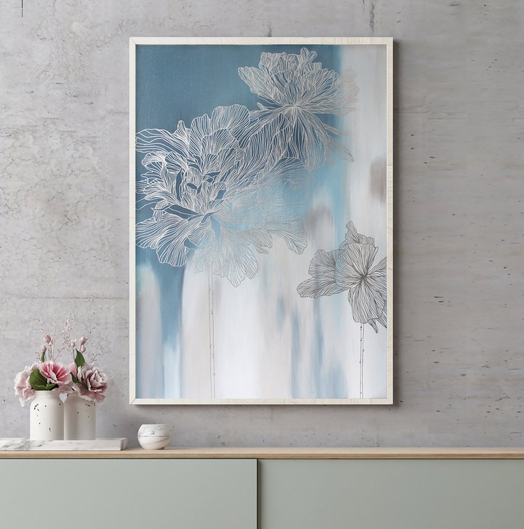 花卉抽象蓝银画 | 蓝银艺术银薄度 2 - 墙贴/壁贴 - 棉 蓝色