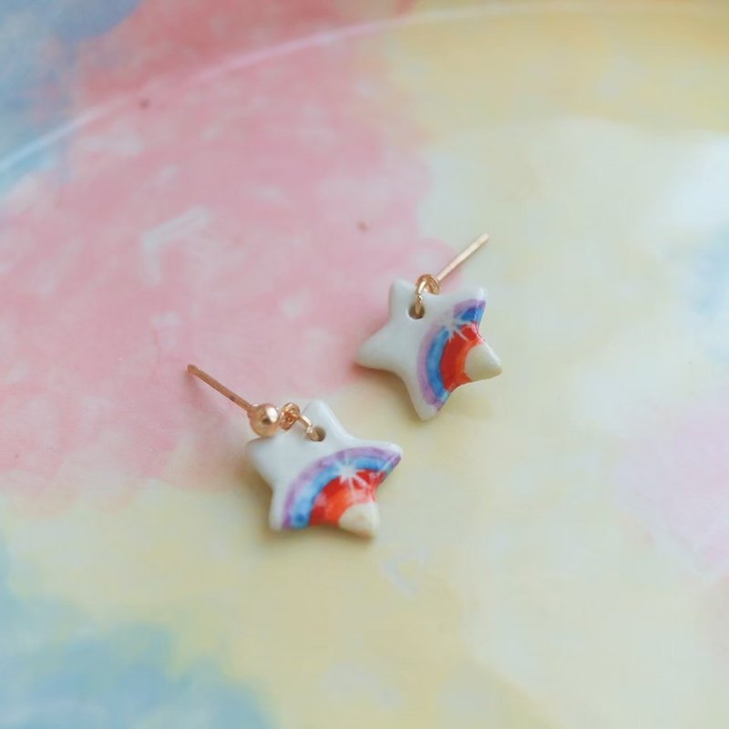 rainbow star ceramic earrings - 耳环/耳夹 - 陶 