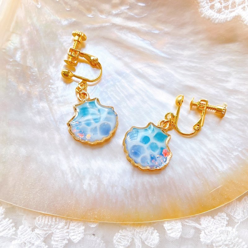 手绘浪花 耳环 日系 贝壳 夏日 简约 透明感 少女 耳夹 - 耳环/耳夹 - 其他材质 蓝色