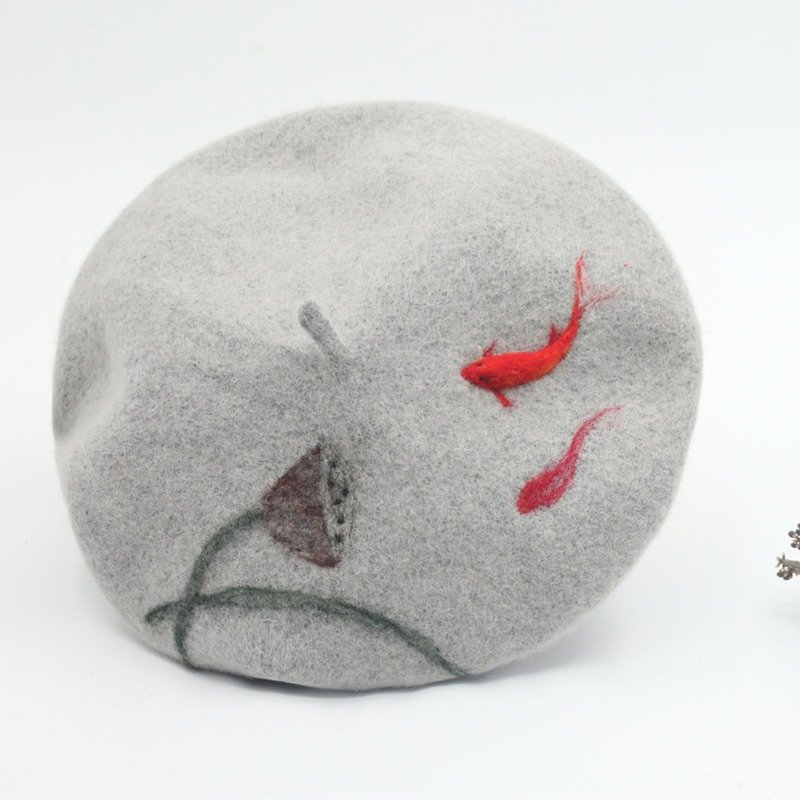 轲人原创设计帽子新款春秋冬女羊毛毡手工中国风图案时尚优雅百搭 - 帽子 - 羊毛 灰色