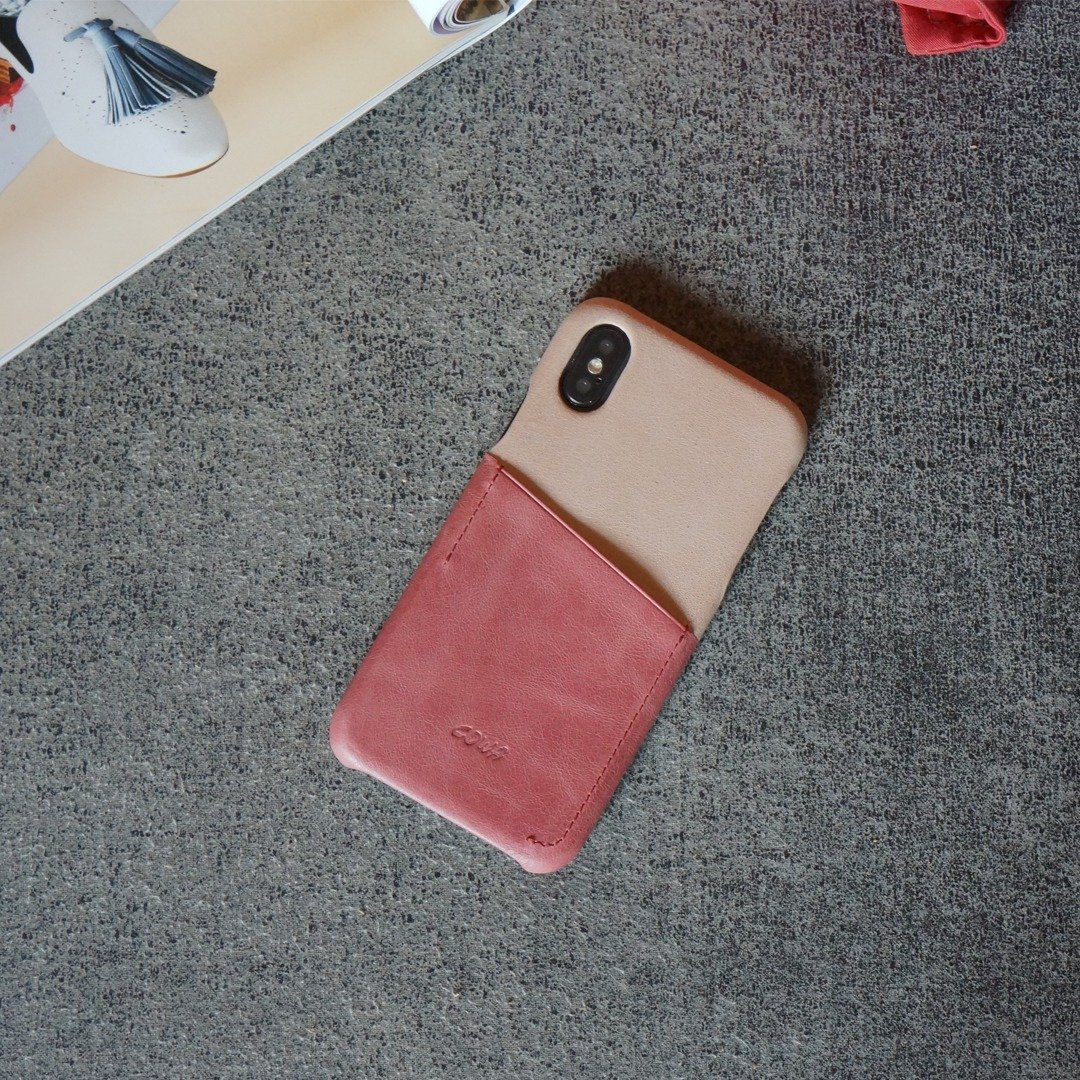iPhone X 双色皮革手机壳-石英粉/珊瑚红/可插卡/ - 手机壳/手机套 - 真皮 粉红色