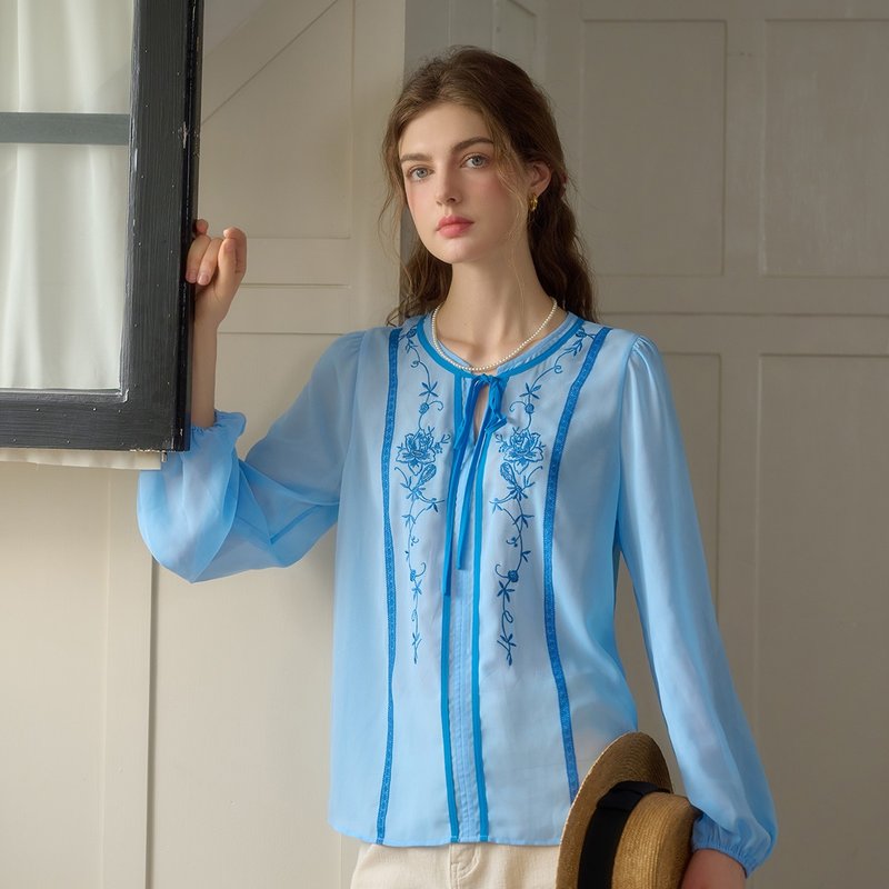 Felicity 圆领碎花刺绣上衣 - 女装上衣 - 聚酯纤维 蓝色