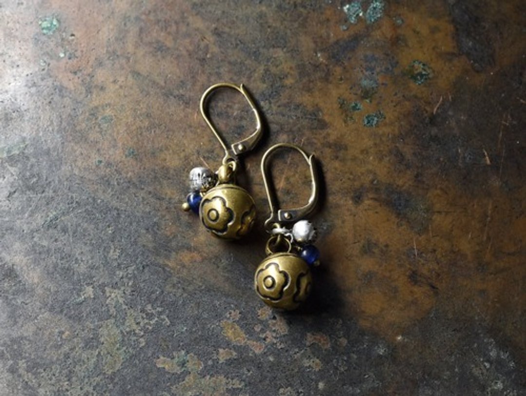 Miao brass buttons and Indian Silver bells, dark blue antique bead earrings - 耳环/耳夹 - 玻璃 