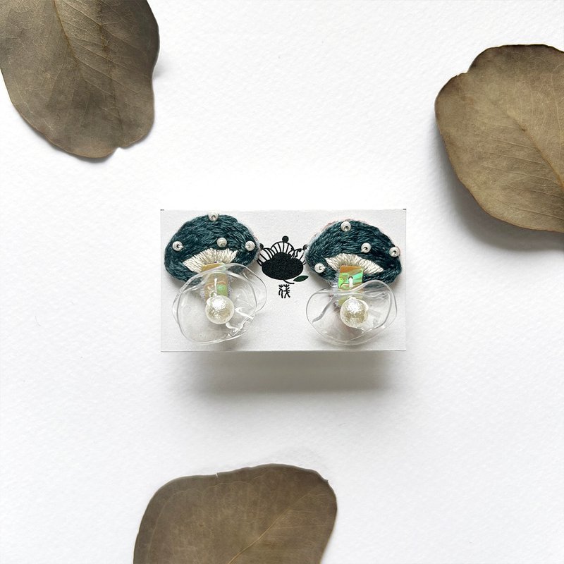 | 茷 | 耳针 | #180 | 手刺绣小蓝蘑菇耳环 - 耳环/耳夹 - 绣线 蓝色