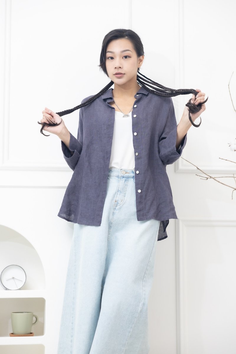 落肩八分袖上衣 紫灰色 - 女装衬衫 - 其他材质 灰色