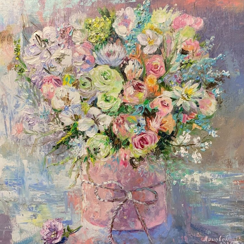 油画精致的花束玫瑰兰花现代执行在impasto技术40x40cm - 墙贴/壁贴 - 其他材质 粉红色