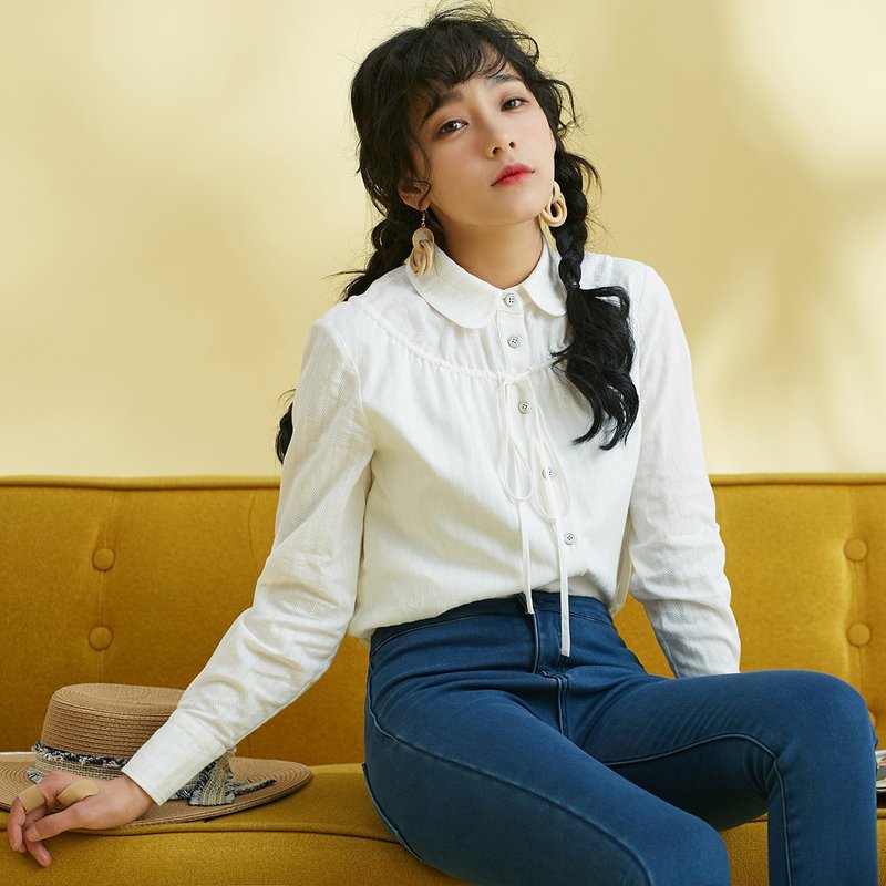 安妮陈2018春装新款女装纯色抽绳衬衫 - 女装衬衫 - 棉．麻 白色