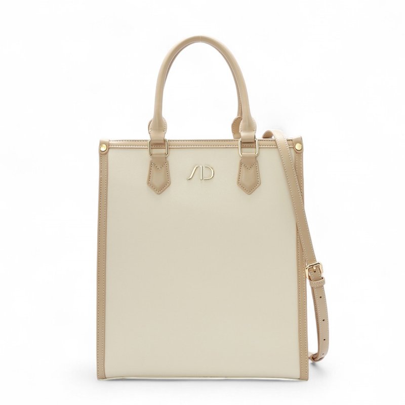 ANNA DOLLY法系滚边撞色3WAY手提包-大 奶茶 - 电脑包 - 人造皮革 白色