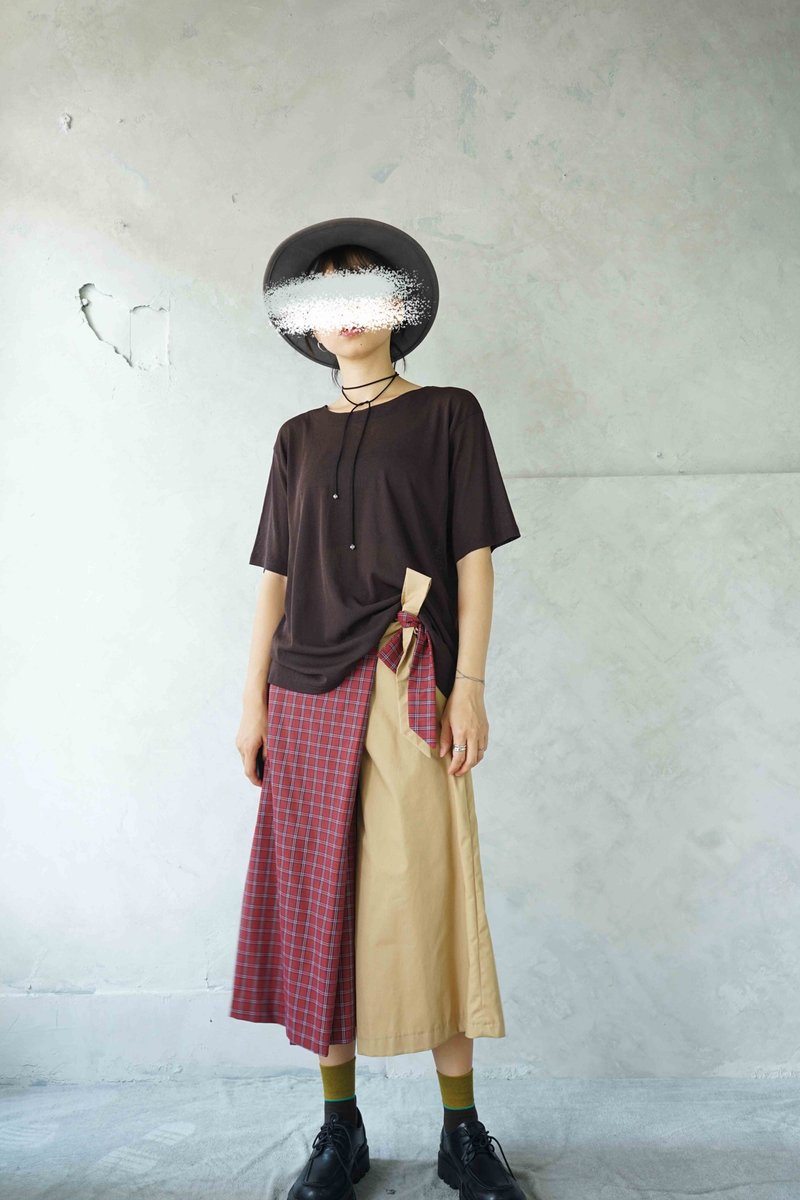 设计手作-个性格纹双拼色不对衬绑带裤裙宽裤-英伦红砖 - 女装长裤 - 聚酯纤维 红色