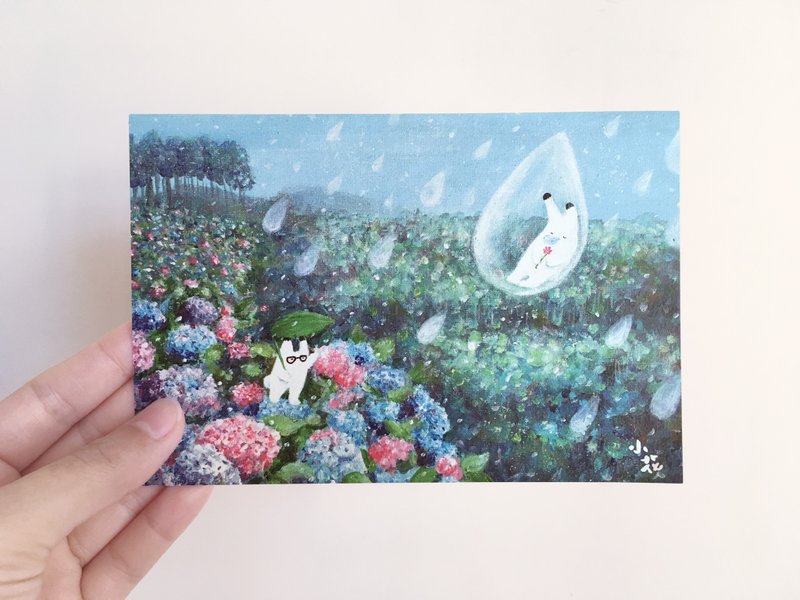 日系小兔子綉花球插画卡片 明信片 - 卡片/明信片 - 纸 蓝色