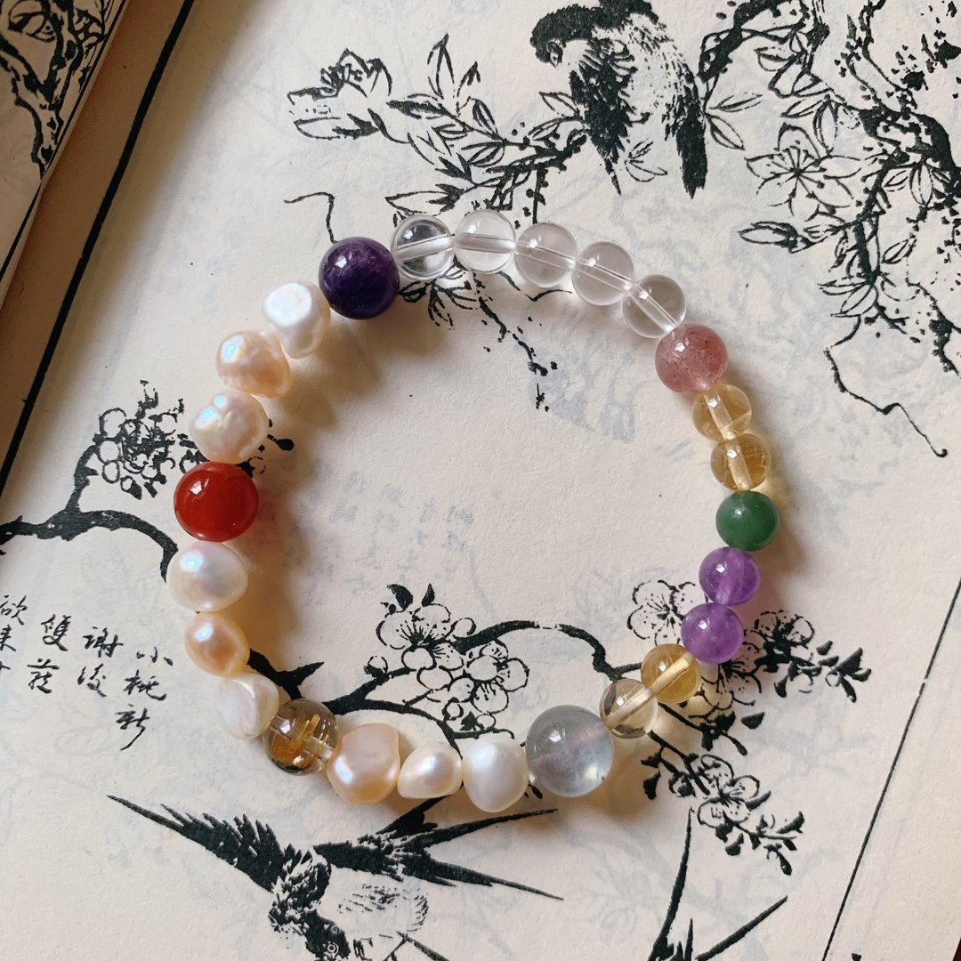 少时不见窗。天然淡水珍珠玛瑙月光石碧玉金发晶南红水晶多宝手链 - 手链/手环 - 珍珠 白色