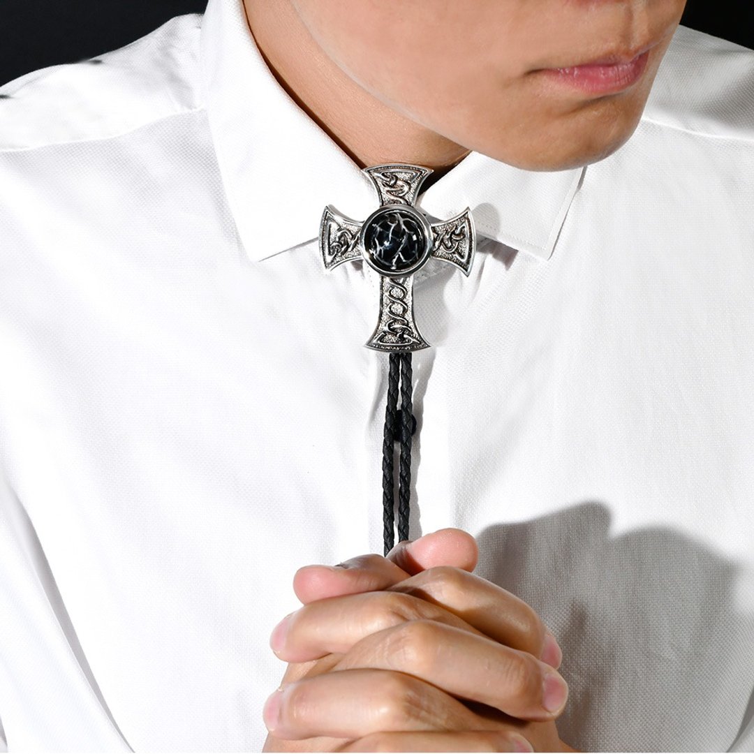 凯尔特结十字架 保罗领带 Bolo Tie 真皮 皮革项链 皮绳领带 - 领带/领带夹 - 真皮 银色