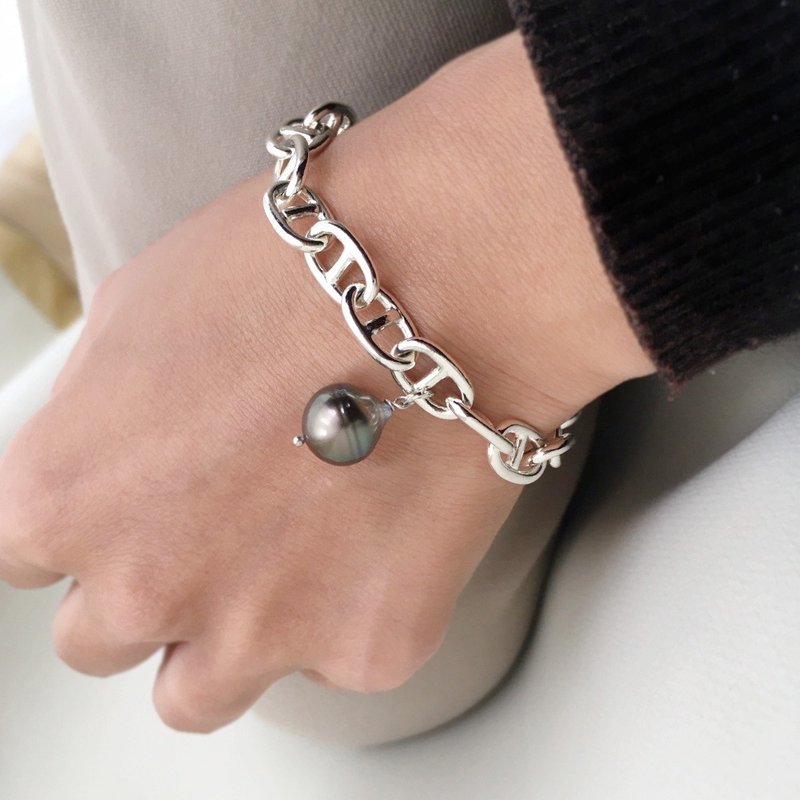 黑蝶贝珍珠 银链扣手链 - 手链/手环 - 贵金属 黑色