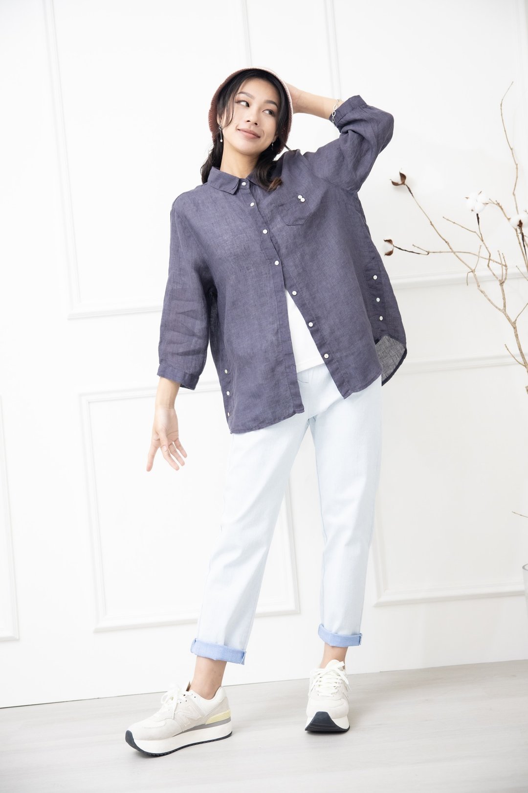 素面口袋2钮扣 七分袖衬衫上衣  紫灰色 - 女装 T 恤 - 其他材质 紫色