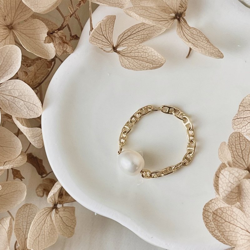 【晨隙】天然淡水珍珠 14K 包金软链戒丨定制尺寸 叠搭日常 - 戒指 - 珍珠 金色