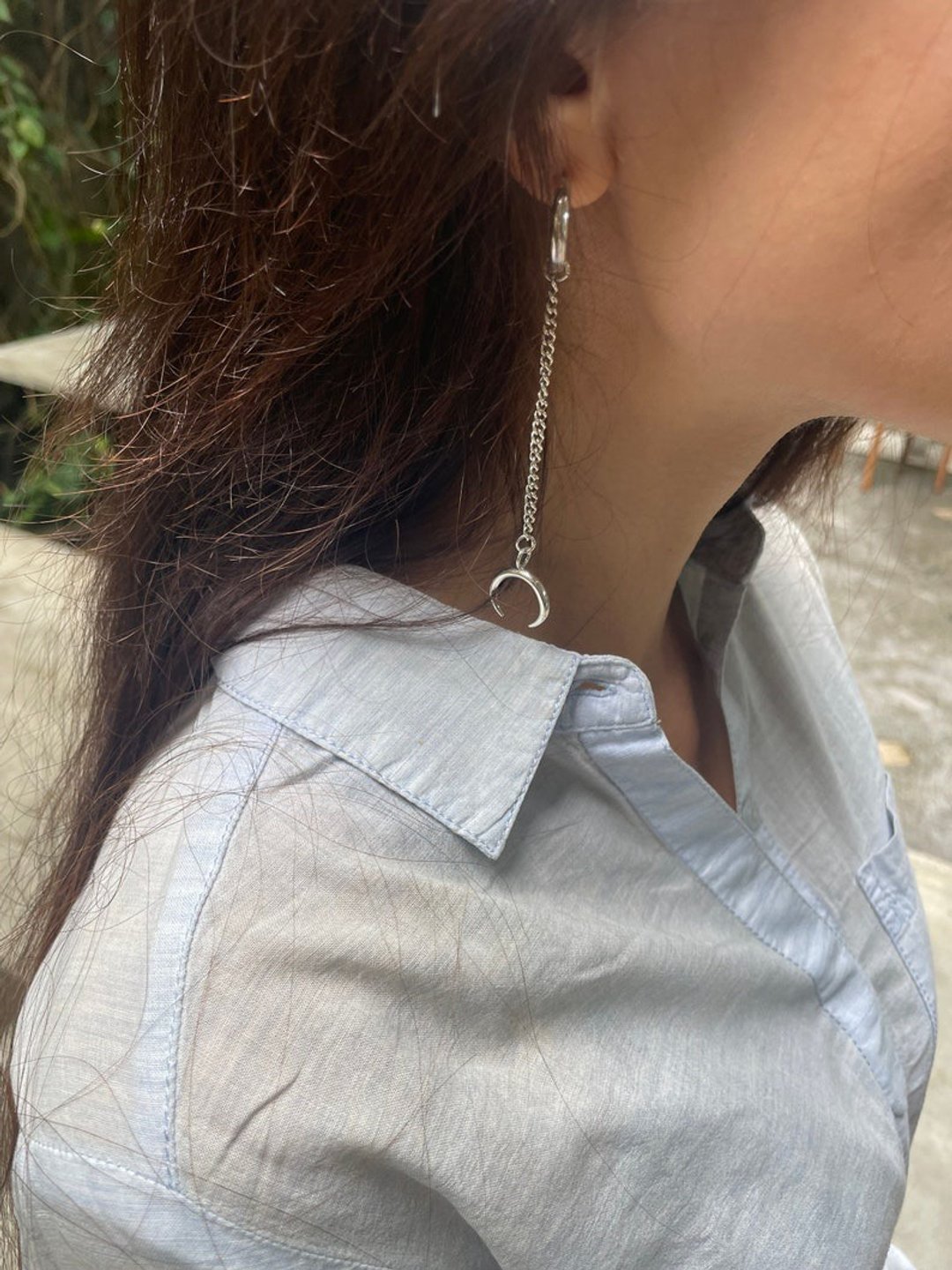 Mismatched silver earrings, moon silver earrings, silver hoop earring, drop - 耳环/耳夹 - 银 银色