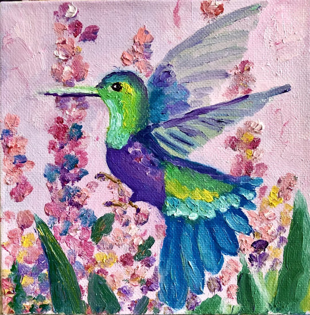 Hummingbird Painting, Tropical bird painting oil on canvas, Miniature artwork - 墙贴/壁贴 - 棉 