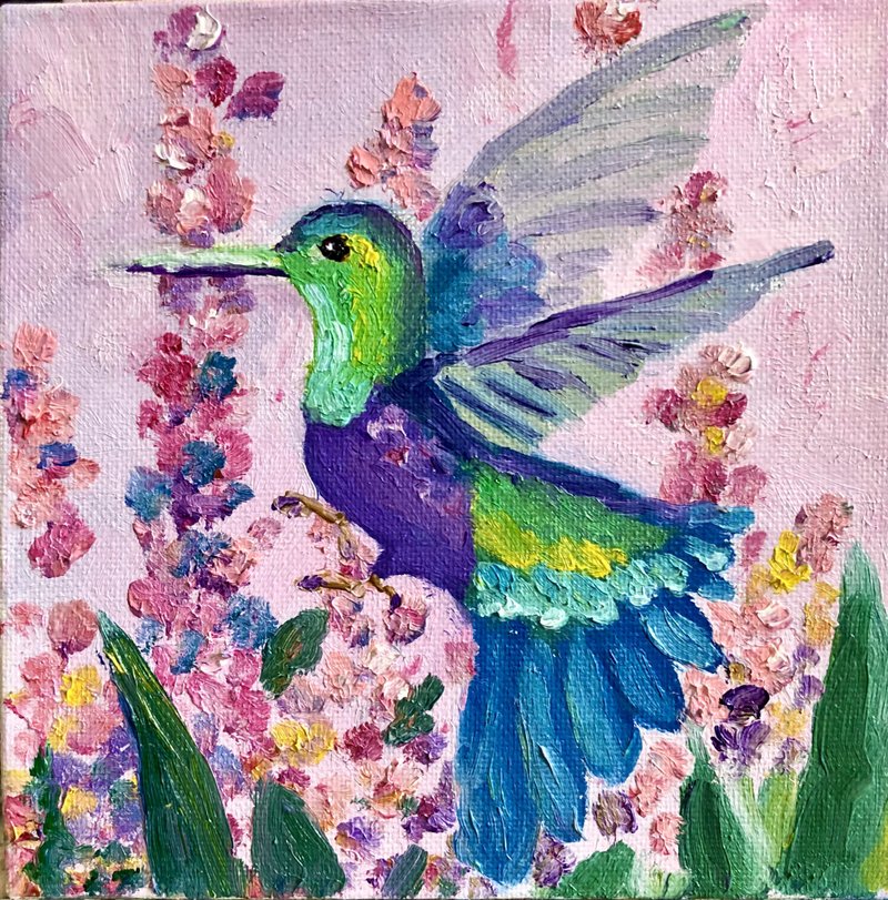Hummingbird Painting, Tropical bird painting oil on canvas, Miniature artwork - 墙贴/壁贴 - 棉 