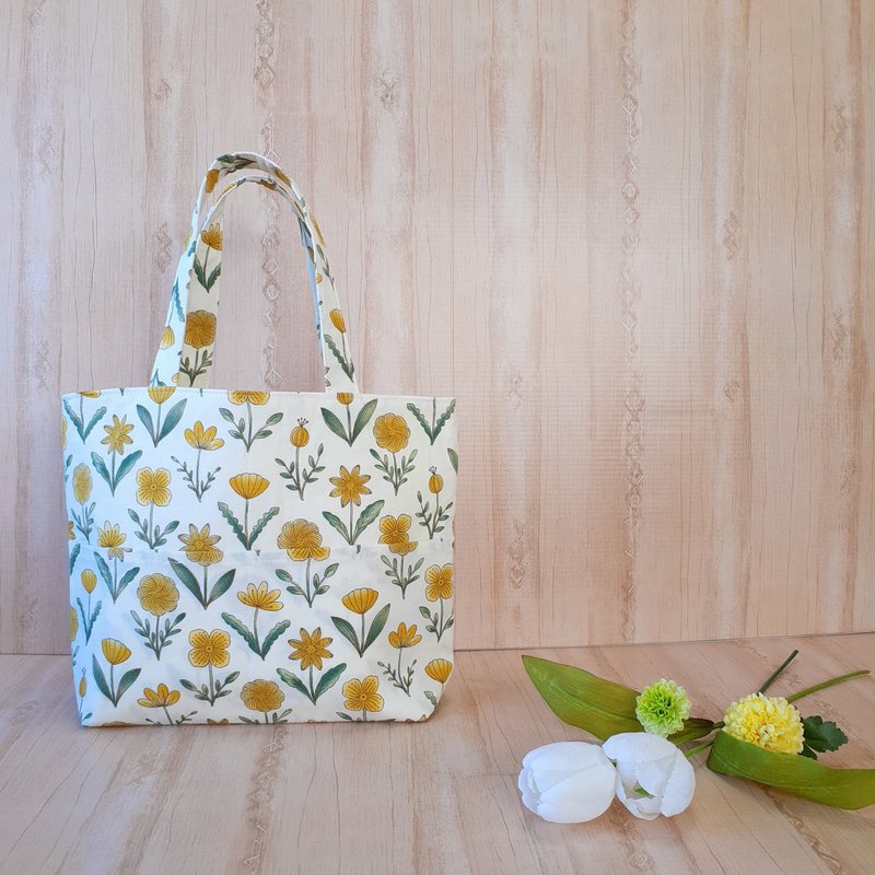 黄色 花卉图案 迷你托特包 柠檬黄 春天 手提包 口袋多 收纳袋 - 手提包/手提袋 - 棉．麻 黄色