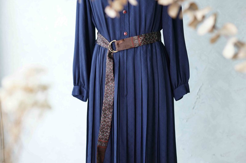 古董丝巾改制D环长腰带-深棕-几何复古印花 - 皮带/腰带 - 聚酯纤维 咖啡色