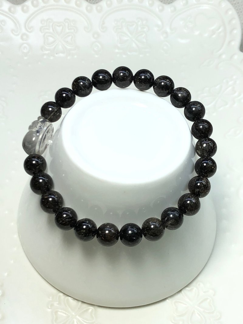招财貔貅手链~ 天然黑银钛貔貅+铜钛圆珠手链 - 手链/手环 - 水晶 黑色