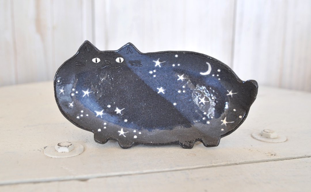 Hoshino cat plate Thick and small plate On a shining night of the moon ... - 花瓶/陶器 - 陶 蓝色