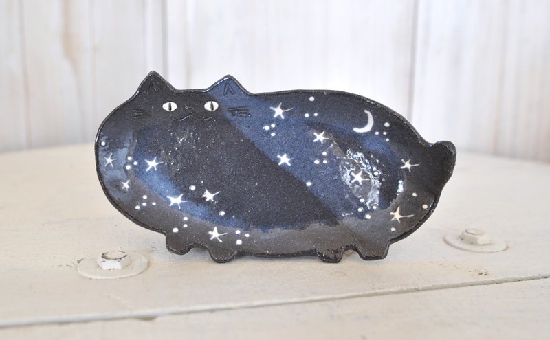 Hoshino cat plate Thick and small plate On a shining night of the moon ... - 花瓶/陶器 - 陶 蓝色