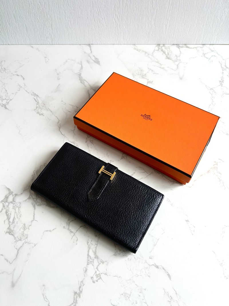 稀有古董包 Hermes 黑金色 Bearn长夹 钱包 皮夹 中古包 二手包 - 皮夹/钱包 - 真皮 黑色