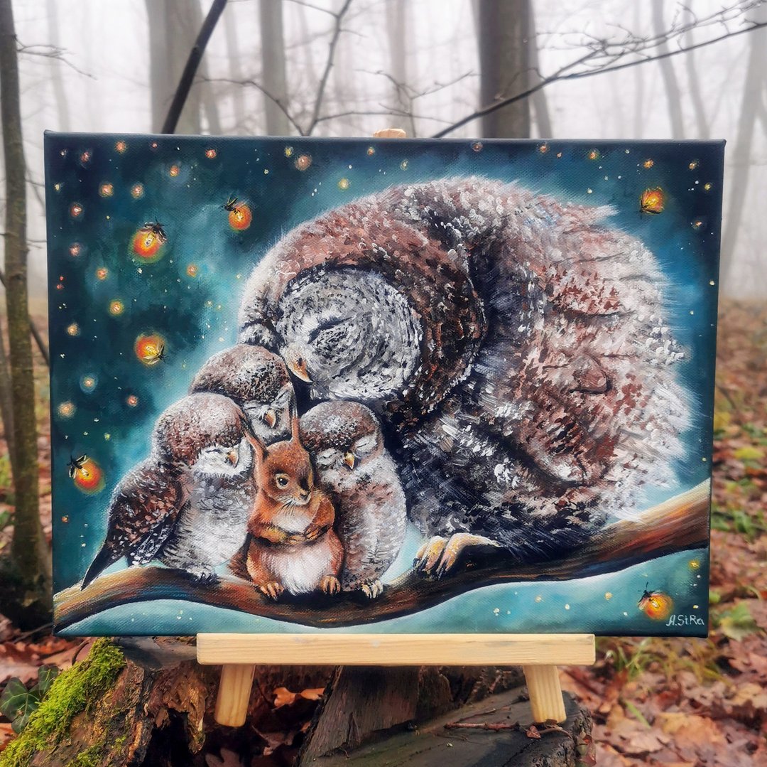 猫头鹰画布 猫头鹰壁画 森林艺术 动物壁画 红松鼠 - 墙贴/壁贴 - 棉 多色