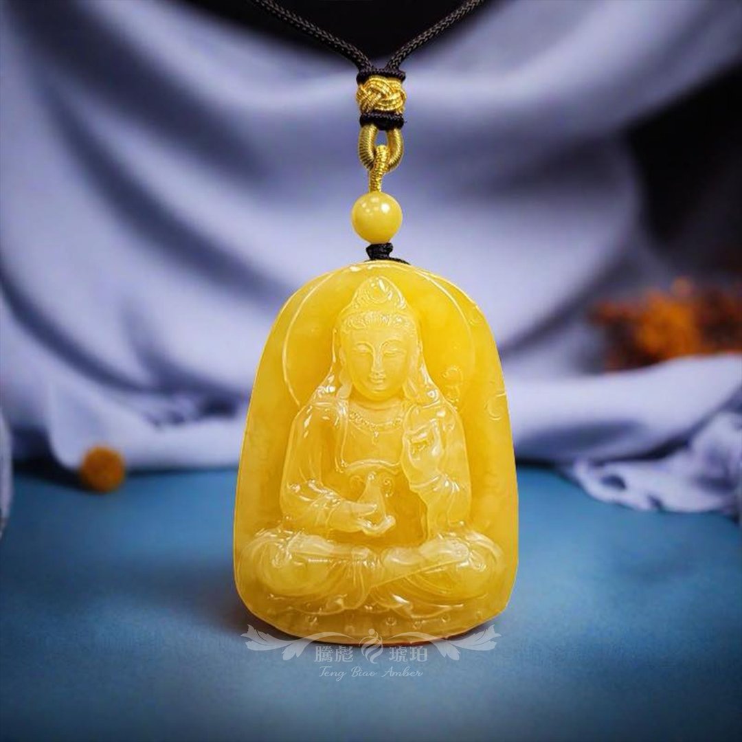 腾彪琥珀 天然琥珀蜜蜡 鸡油黄蜜蜡 观音赐福 大师典藏雕刻 项链 - 项链 - 半宝石 橘色