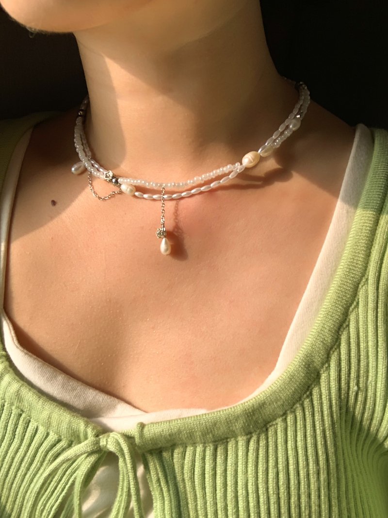 串珠项链 天然淡水珍珠 抗敏 纯银 不锈钢链  生日礼物 - 项链 - 不锈钢 白色