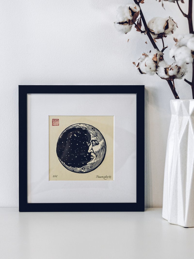 Linocut 印花新月带脸原始巫术墙装饰神秘墨水图形 - 墙贴/壁贴 - 纸 黑色