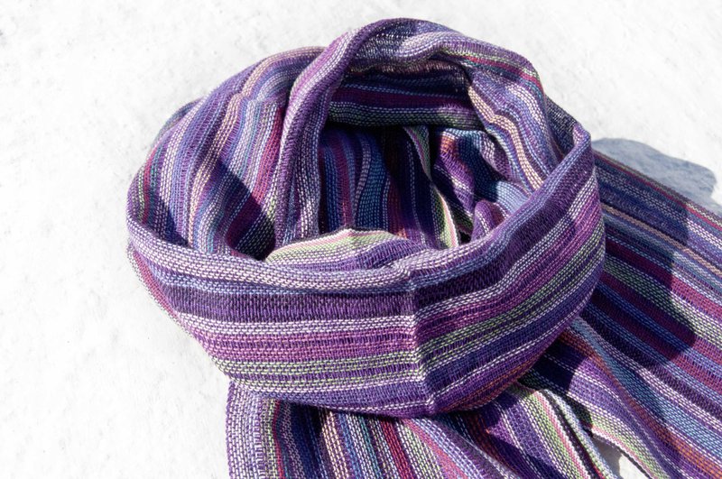 手织纯绵丝巾 手工织布围巾 手工编织丝巾 棉麻丝巾-彩虹紫色条纹 - 丝巾 - 棉．麻 多色