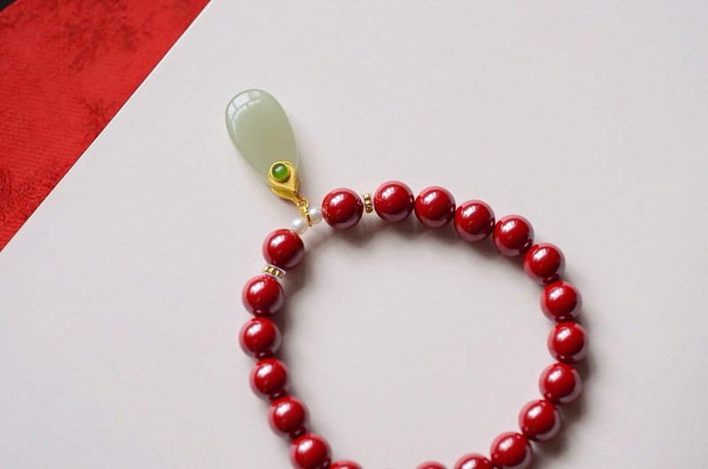 天然原矿朱砂. 帝王砂 晴水玉水滴设计单圈手串 - 手链/手环 - 木头 红色
