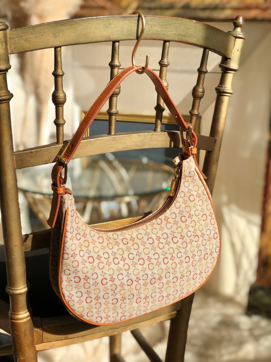 [ VintageShop solo ] CELINE C Macadam Jacquard AVA Hobo Shoulder Bag Beige Old Celine zdpizt - 侧背包/斜挎包 - 真皮 咖啡色