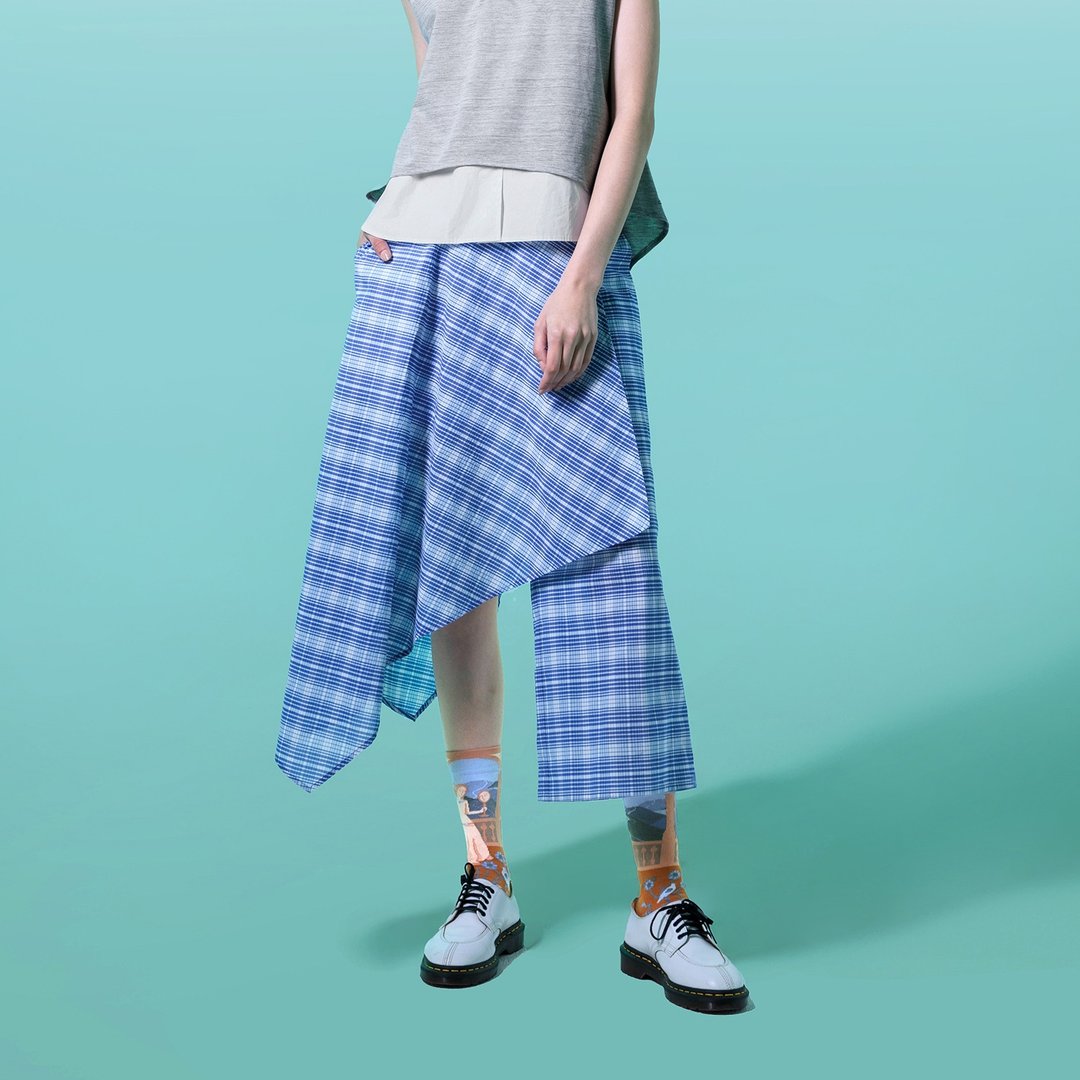 细格纹不对称裤裙 - 女装长裤 - 棉 蓝色