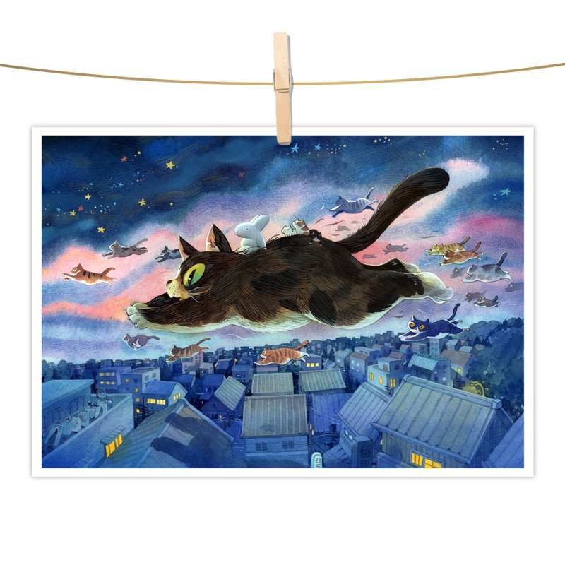 afu水彩插画明信片 - 飞行的夜猫 - 卡片/明信片 - 纸 