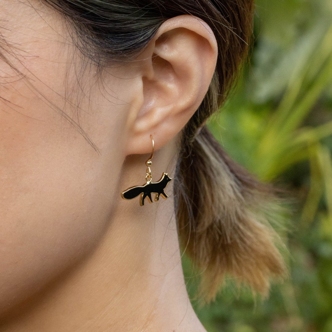 狐狸夜行 森林中 耳环 耳夹 可爱动物 生日礼物 - 耳环/耳夹 - 珐琅 黑色