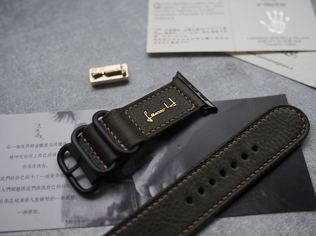 苹果Applewatch/Ultra表带 手工牛皮橄榄绿 定制化刻字 订制颜色 - 表带 - 真皮 绿色