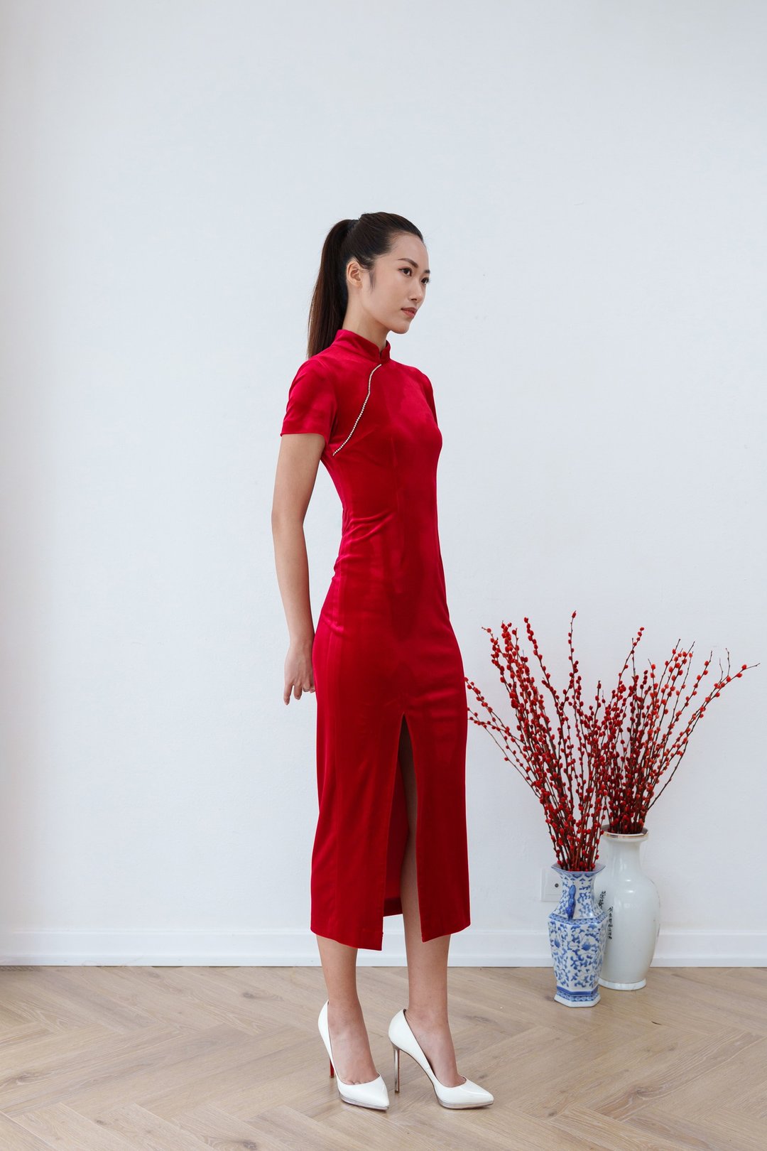 勿忘我丝绒短袖改良旗袍(红色) |晚装|晚礼服|香港设计|气质|新年 - 旗袍 - 其他材质 红色