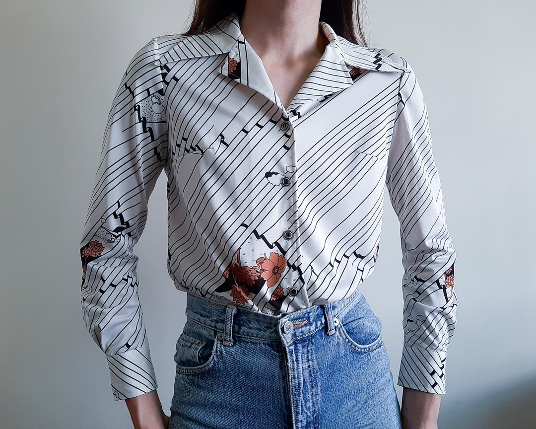 复古 60 年代 70 年代迪斯科新奇衬衫 匕首领 Mod 条纹衬衫 - 女装衬衫 - 尼龙 白色