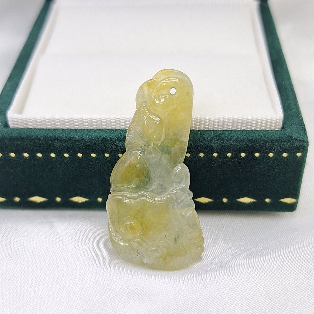 冰起胶 黄翡 飘花 如意蝙蝠 吊坠 | 天然缅甸玉A货翡翠 - 项链 - 玉石 