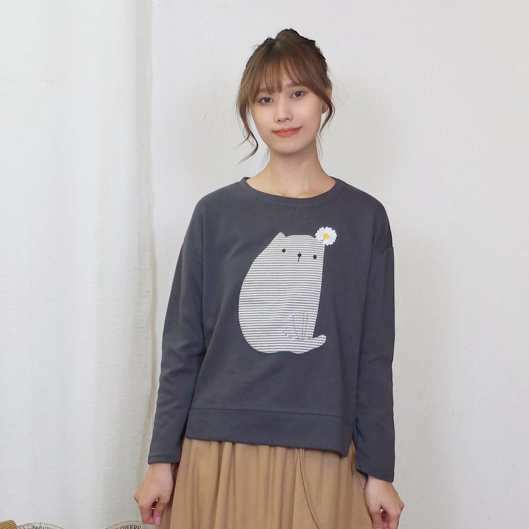 Hana Mokuba  趣味造型贴布休闲圆领长袖上衣 - 女装上衣 - 其他材质 