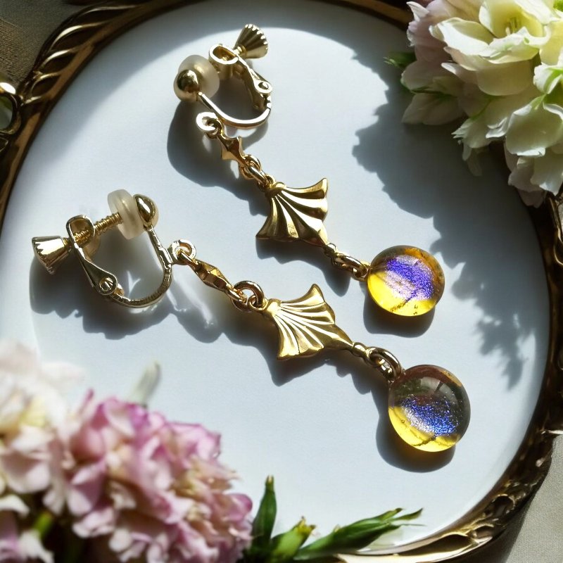 闪耀的扇形与光之璀璨 〜Side*Forest 系列〜 原创玻璃 - 耳环/耳夹 - 玻璃 黄色