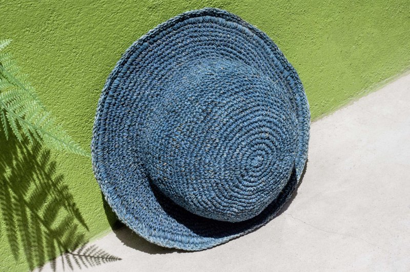 手工钩织棉麻帽 编织帽 渔夫帽 草帽 草编帽 - 原味的夏天 蓝染 - 帽子 - 棉．麻 蓝色