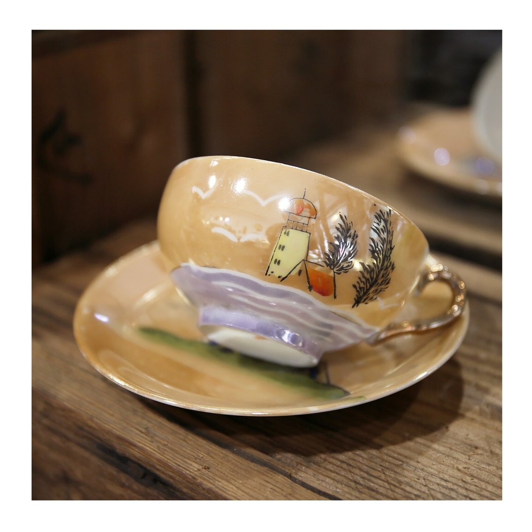 日本老件.1920's 珍珠光手绘小瓷杯盘组。薄胎.茶杯。花茶杯.咖啡杯 - 茶具/茶杯 - 瓷 