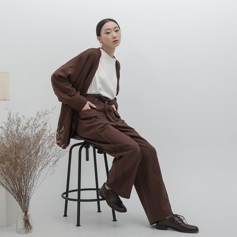 Hueigu_回顾褶片宽裤_22AF202_咖啡 - 女装长裤 - 聚酯纤维 咖啡色