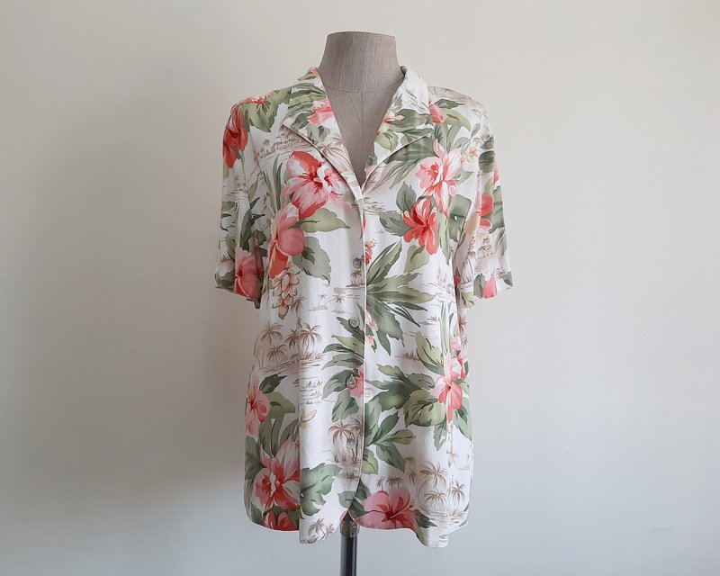 ALFRED DUNNER 古着 绿粉色夏威夷衬衫 女款 扶桑花印花 上衣 L 码 - 女装上衣 - 聚酯纤维 白色