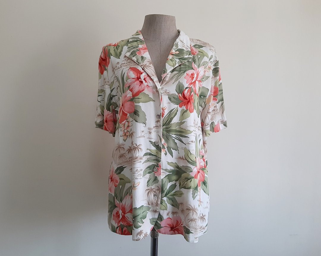 复古 Alfred Dunner 白色粉色夏威夷衬衫 扶桑花印花上衣 L 号 - 女装上衣 - 聚酯纤维 白色