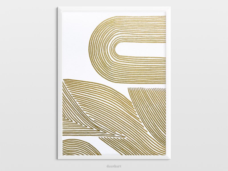 Gold abstract lines shape wall art Modern poster Handmade drawing bedroom art - 海报/装饰画/版画 - 纸 金色